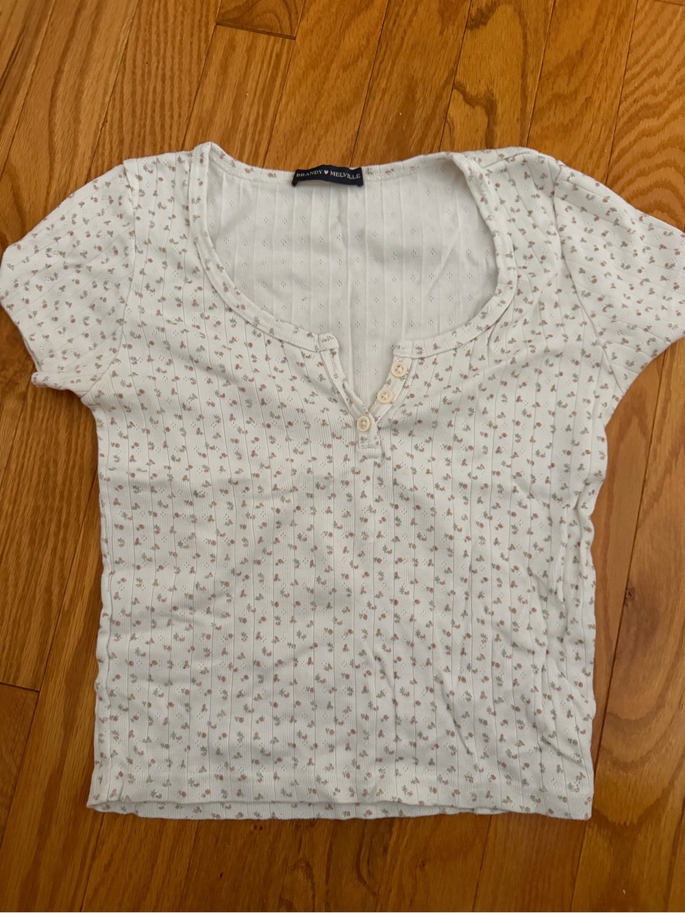 Brandy Melville Cream Short-Sleeve Ribbed Henley with Tiny Pink Floral Print
